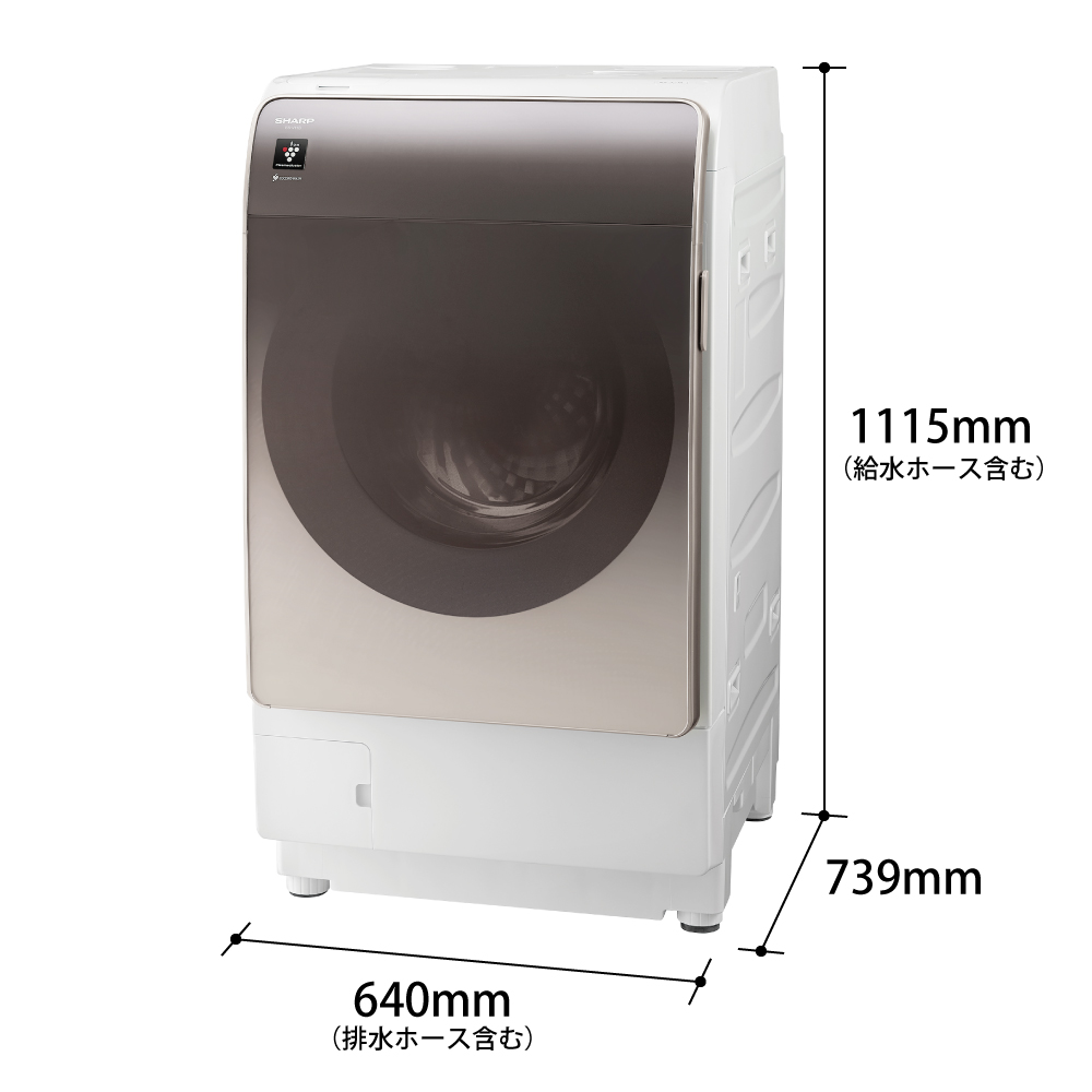 ドラム式洗濯乾燥機:ES-V11B-NL:外形寸法。幅640mm（排水ホース含む）×高さ1115mm（給水ホース含む）×奥行739mm