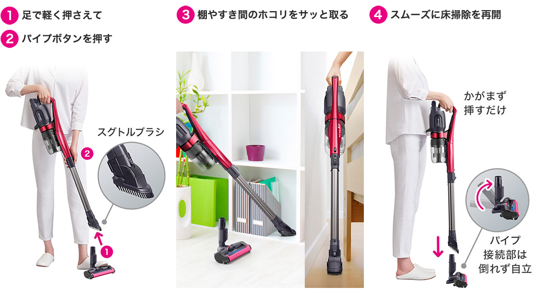 立ったまま、吸い込み口をカンタン着脱「スグトルブラシ」