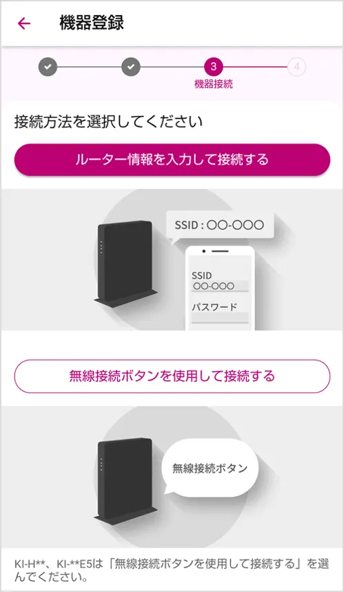 機器とルーターを接続する手段の選択画面の画像。