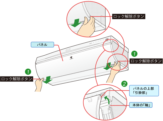 エアコン フィルターのお手入れ方法 パネルの取りはずし 取り付け方法 シャープ