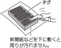 タグのある面を軽く吸い取る。新聞紙などを下に敷くと周りが汚れません。