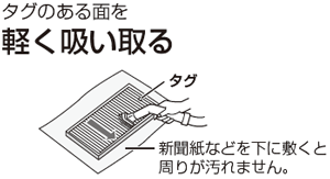 タグのある面を軽く吸い取る。新聞紙などを下に敷くと周りが汚れません。