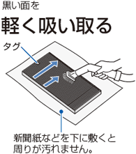 黒い面を軽く吸い取る。新聞紙などを下に敷くと周りが汚れません。