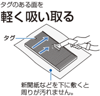 タグのある面を軽く吸い取る。新聞紙などを下に敷くと周りが汚れません。