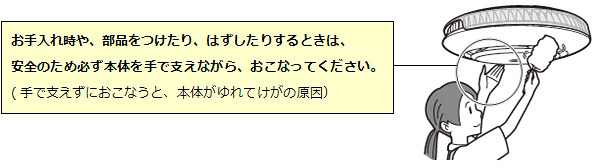 お手入れ時や、部品をつけたり、はずしたりするときは、安全のため必ず本体を手で支えながら、おこなってください。（手で支えずにおこなうと、本体がゆれてけがの原因）