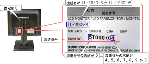 機種名が、LL-193G-Bか、LL-193G-Wで、製造番号の先頭の番号が「5」、かつ、末尾の番号が「4」〜「0」の製品
