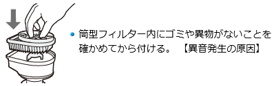 筒型フィルター内にゴミや異物がないことを確かめてから付ける。 【異音発生の原因】 