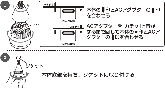 １：本体の縦線印とACアダプターの縦線印を合わせる。ACアダプターを「カチッ」と音がするまで回して本体の丸印とACアダプターの縦線印を合わせる　２：本体底部を持ち、ソケットに取り付ける