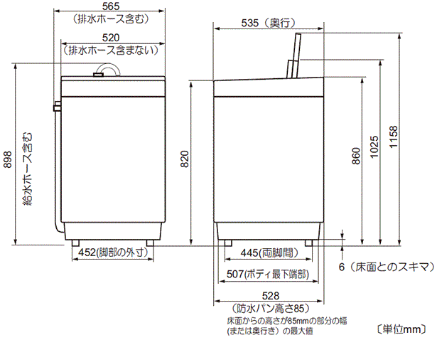 全自動洗濯機(ES-GE6A/ES-GE7A)|本体寸法図/寸法図の見方 全自動洗濯機(ES-GE6A/ES-GE7A)|本体寸法図/寸法図の見方