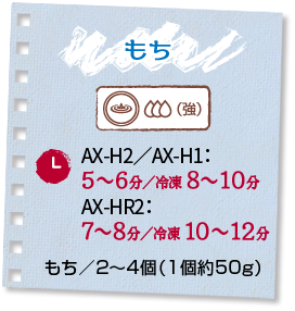もち：火力（強）,調理時間 AX-H2／AX-H1：5?6分／冷凍8?10分 AX-HR2：7?8分／冷凍10?12分 ■もち／2?4個（1個約50g）