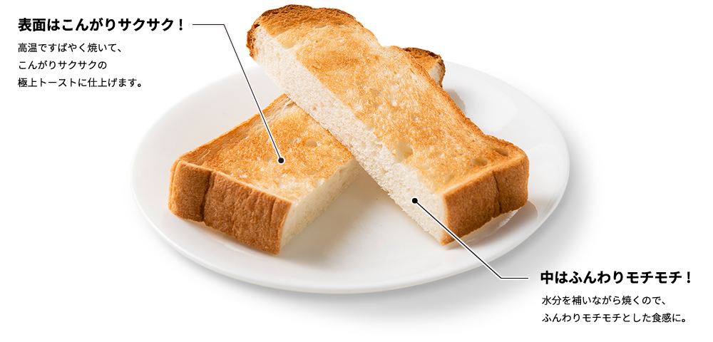 表面はこんがりサクサク!:高温ですばやく焼いて、こんがりサクサクの極上トーストに仕上げます。　中はふんわりモチモチ!:水分を補いながら焼くので、ふんわりモチモチとした食感に。