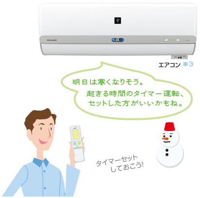 エアコン※3／「明日は寒くなりそう。起きる時間のタイマー運転、セットした方がいいかもね。」とアドバイス。