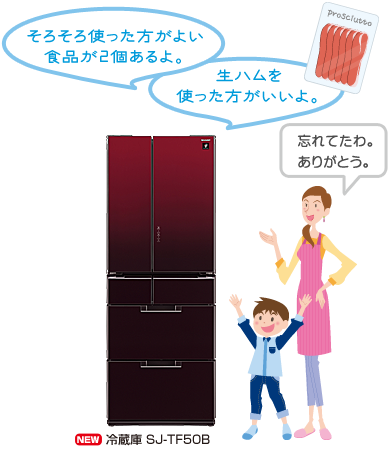 冷蔵庫 SJ-TF50B／「そろそろ使った方がよい食品が2個あるよ。」「生ハムを使った方がいいよ。」などとお知らせ。