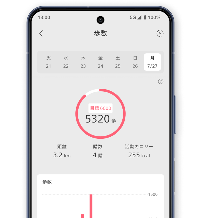 運動記録（歩数・活動カロリー）を表示したアプリ画面