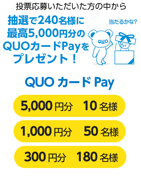 投票応募いただいた方の中から抽選で240名様に最高5,000円分のQUOカードPayをプレゼント！